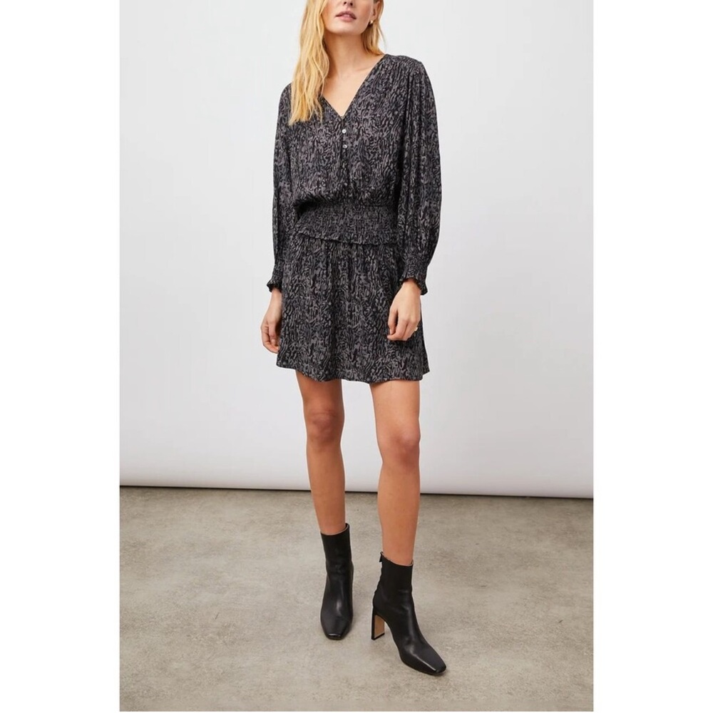 RAILS Zana Abstract Animal Smocked Mini Dress Size S Charcoal NWT Long Sleeve